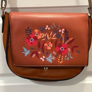 Floral Faux Leather Brown Crossbody Bag